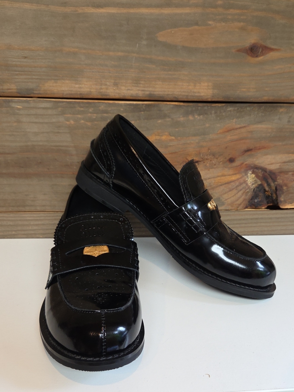 Black Patent Leather Loafers with Gold Accent